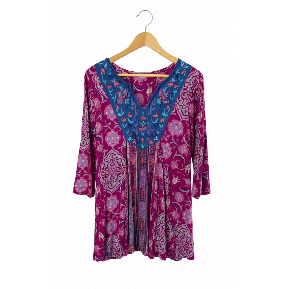 SOFT SURROUNDINGS Boho Moroccan Embroidered Pink Tunic Top Artsy Size Small